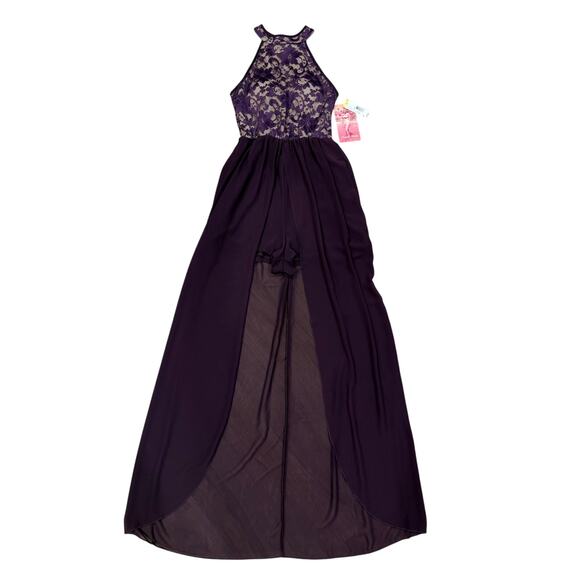 Emerald Sundae NWT Jr M Formal Purple Lace Leg Shorts Sheer Overlay Maxi Dress - Picture 1 of 14